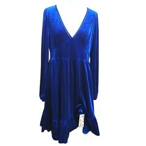 NWT Velvet sapphire blue tiered midi holiday dress elegant balloon sleeve sz L